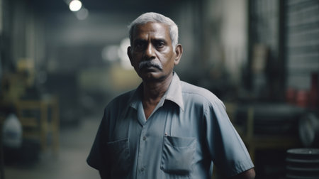 A smiling senior Indian male factory worker standing in metal sheet factory. Generative AI AIG19.の素材