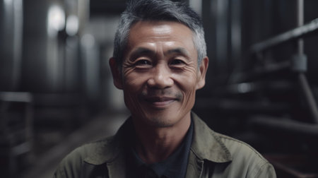 A smiling senior Chinese male factory worker standing in oil refinery plant. Generative AI AIG19.の素材