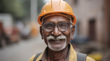 A smiling senior Indian male construction worker standing in construction site. Generative AI AIG19.の素材