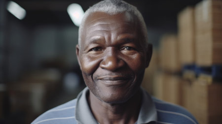 A smiling senior African male factory worker standing in warehouse. Generative AI AIG19.の素材