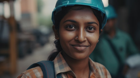 A smiling Indian female construction worker standing in construction site. Generative AI AIG19.の素材
