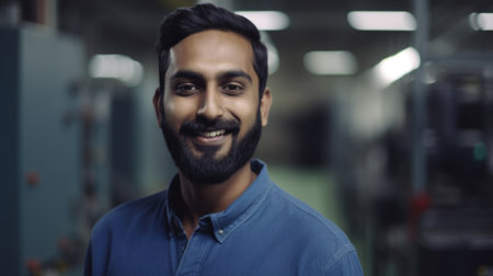 A smiling Indian male electronic factory worker standing in factory. Generative AI AIG19.の素材