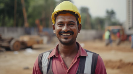 A smiling Indian male construction worker standing in construction site. Generative AI AIG19.の素材