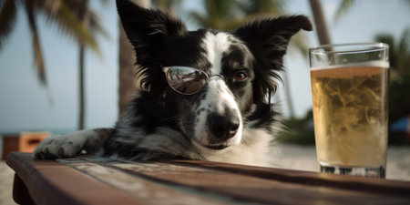 Border Collie dog is on summer vacation at seaside resort and relaxing rest on summer beach of Hawaiiの素材