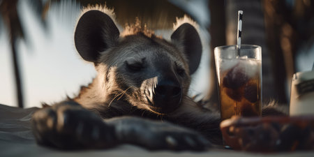 hyena is on summer vacation at seaside resort and relaxing on summer beachの素材