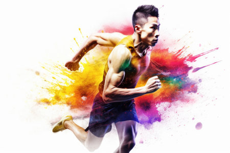 Heroic double exposure colorful photo of a well trained male Chinese runner speedy running. Generative AI AIG19.の素材