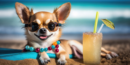 Chihuahua dog is on summer vacation at seaside resort and relaxing rest on summer beach of Hawaiiの素材
