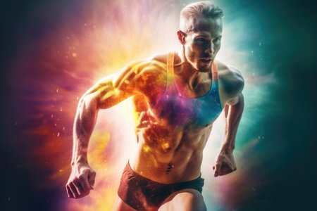 Heroic double exposure colorful photo of a well trained male Swedish runner speedy running. Generative AI AIG19.の素材