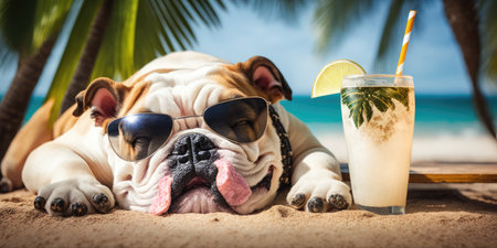Bulldog dog is on summer vacation at seaside resort and relaxing rest on summer beach of Hawaiiの素材