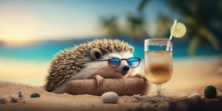 Hedgehog is on summer vacation at seaside resort and relaxing on summer beachの素材