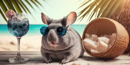 Chinchilla is on summer vacation at seaside resort and relaxing on summer beachの素材