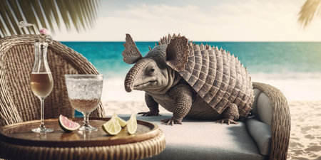 armadillo is on summer vacation at seaside resort and relaxing on summer beachの素材