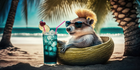 squirrel is on summer vacation at seaside resort and relaxing on summer beachの素材