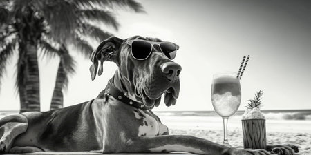 Great Dane dog is on summer vacation at seaside resort and relaxing rest on summer beach of Hawaiiの素材