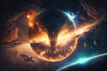 Space war human and alien in outer space for star colony. distinct generative AI image.の素材