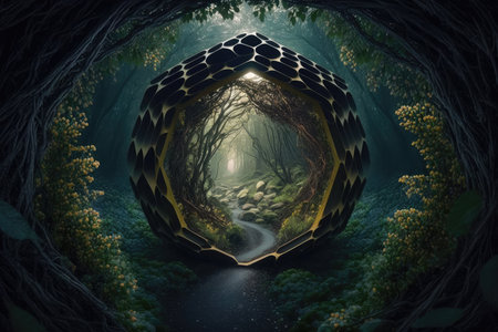 The hidden hexagon tunnel of the mysterious forest. distinct generative AI image.の素材