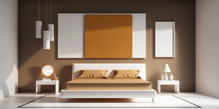 Sustainable rustic bedroom, eco friendly interior design in stylish beige tones. superlative generative AI image.の素材