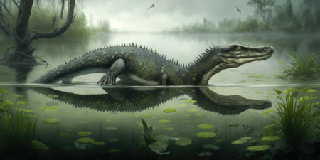 Prehistoric creature or dinosaur in the wild nature. Realistic style drawing. superlative generative AI image.の素材