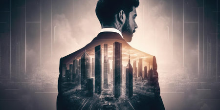Double exposure image of business man standing back view with cityscape. superlative generative AI image.の素材