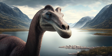 Prehistoric creature or dinosaur in the wild nature. Realistic style drawing. superlative generative AI image.の素材