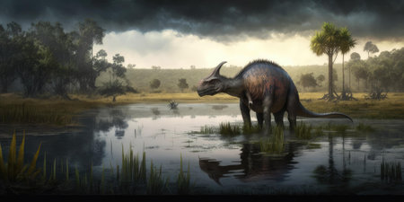 Prehistoric creature or dinosaur in the wild nature. Realistic style drawing. superlative generative AI image.の素材