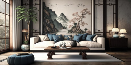 Asian inspired modern living room interior. superlative generative AI image.の素材