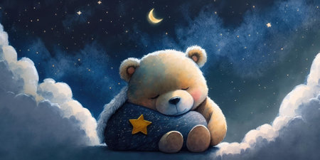 A cute and adorable bear is sleeping under night sky between stars pillow. Generative AI AIG16.の素材