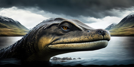 Prehistoric creature or dinosaur in the wild nature. Realistic style drawing. superlative generative AI image.の素材