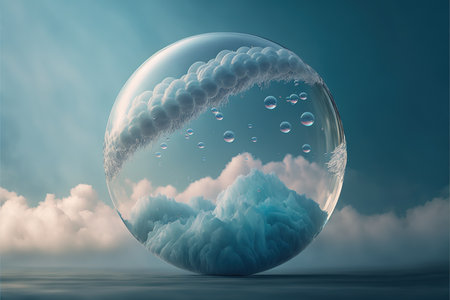 Beautiful modern abstract artwork of the sky captured in the transparent sphere bubble that reflect the cloud display cloudscape inside the bubble orbs with realistic detail. Superb Generative AI.の素材