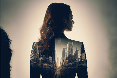 Ambitious businesswoman in black suit-clad profile with background residential city highrise buildings in double exposure, Successful businesspeople with strategic plans. Superb Generative AI.の素材