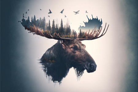 Moose with beautiful antler double exposure with natural background as concept of fertility forest and wildlife live together in peace, explore and adventure in wilderness. Superb Generative AI.の素材