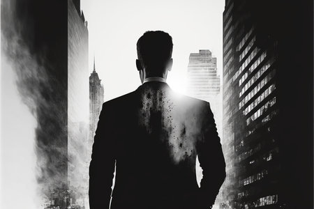 Ambitious businessman in black suit-clad profile with background residential city highrise buildings in double exposure, Successful businesspeople with strategic plans. Superb Generative AI.の素材