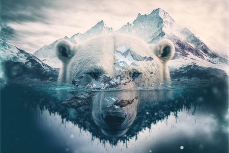 image shown by polar bear suffer due to melting ice caused by the impact of climate change on double exposure of global warming turning arctic hotter in background. Superb Generative AI.の素材