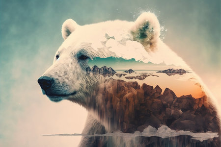 image shown by polar bear suffer due to melting ice caused by the impact of climate change on double exposure of global warming turning arctic hotter in background. Superb Generative AI.の素材