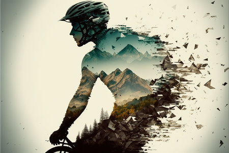 Image of double exposure silhouette biker and mountain forest landscape in creative modern abstract art. Nature and outdoor adventure or extreme sport in the wilderness concept. Superb Generative AI.の素材