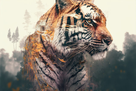 Striped bengal tiger in double exposure merge its head with lush forest design in background as majestic adventurous wildlife in nature. Superb Generative AI.の素材