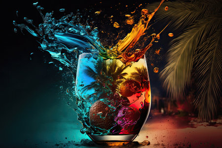 exploding glass with liquid colored tropical cocktail. Glorious Generative AI.の素材