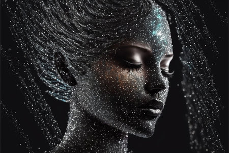 Contemporary abstract art woman melting portrait with skin of glistening space and universe in mycelia pattern, body cover with bright star of the starry night. Superb Generative AIの素材
