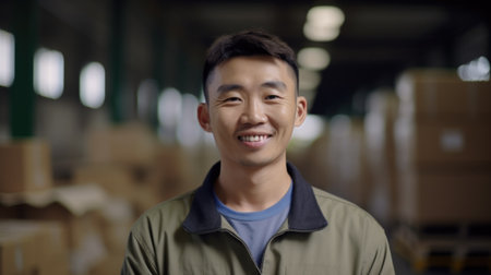 A smiling Chinese male factory worker standing in warehouse. Generative AI AIG19.の素材