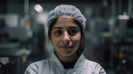 A smiling young Hispanic female electronic factory worker standing in factory. Generative AI AIG19.の素材