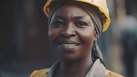 A smiling senior African female construction worker standing in construction site. Generative AI AIG19.の素材