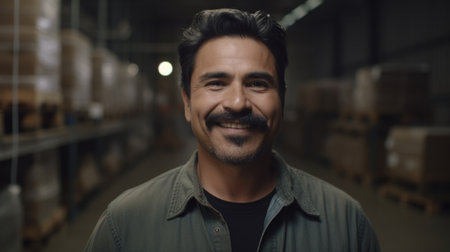 A smiling Hispanic male factory worker standing in warehouse. Generative AI AIG19.の素材