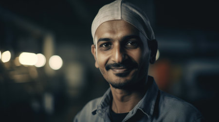 A smiling Indian male electronic factory worker standing in factory. Generative AI AIG19.の素材