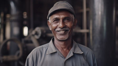 A smiling senior Indian male factory worker standing in oil refinery plant. Generative AI AIG19.の素材
