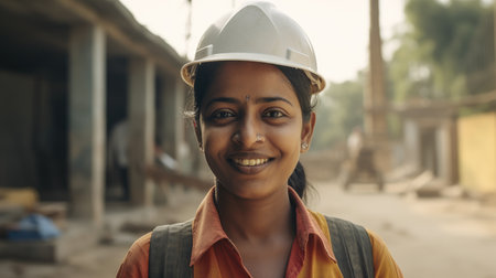 A smiling Indian female construction worker standing in construction site. Generative AI AIG19.の素材