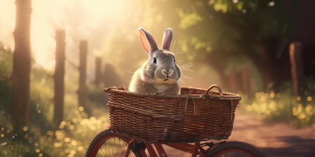 rabbit have fun bicycle ride on sunshine day in summer on town streetの素材