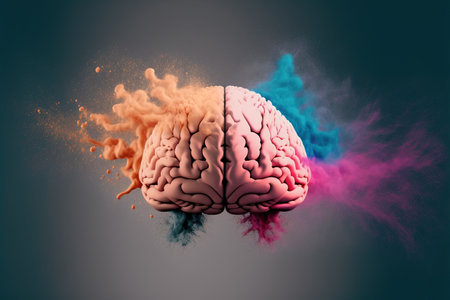 A genius human brain abstract color powder explosion art with 3D creative splash showing concept of psychology inspiration creativity emotion and wisdom . Admirable Generative AI image .の素材