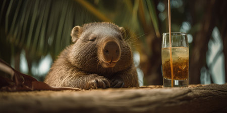 wombat is on summer vacation at seaside resort and relaxing on summer beachの素材