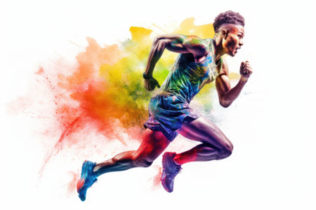 Heroic double exposure colorful photo of a well trained male Chinese runner speedy running. Generative AI AIG19.の素材