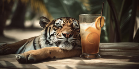 tiger is on summer vacation at seaside resort and relaxing on summer beachの素材